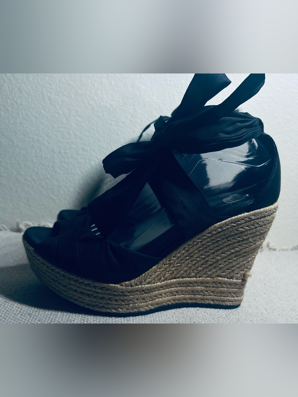 UGG Black Espadrille Wedge Sandals with Ankle Wrap - Picture 5 of 14
